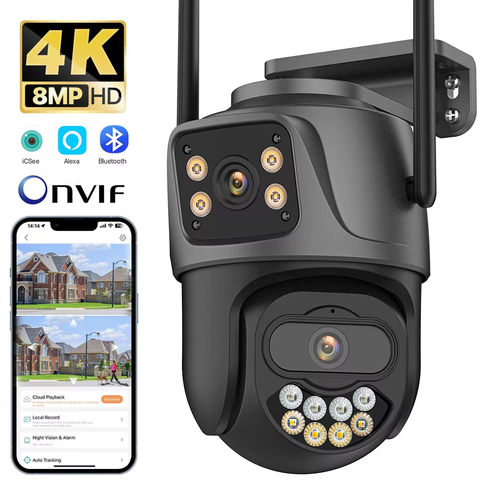 4K Dual Lens PTZ Outdoor WiFi Security Camera - 8MP HD Auto Tracking CCTV Surveillance with Icsee P2P